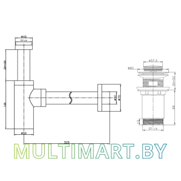 Умывальник Lauter 21502 (клапан 21190B + сифон 21635B, черный матовый) картинка 11